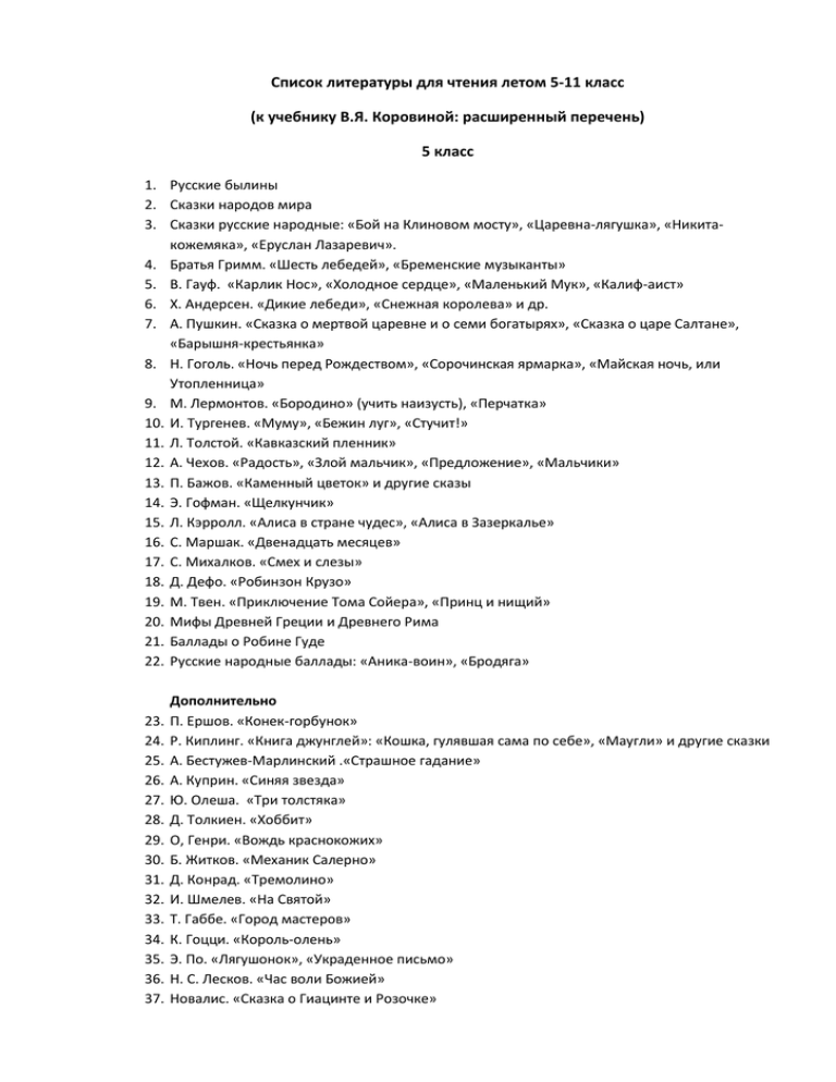 Список литературы на лето для 5-го класса. для бывших 4-классников.